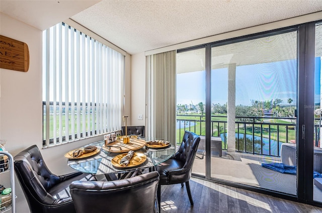 dining space featuring expansive windows, a textured ceiling, and wood finished floors