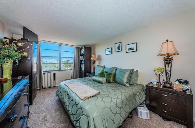 carpeted bedroom featuring radiator heating unit and a textured ceiling