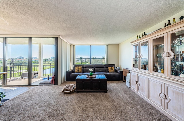 living area with a textured ceiling, expansive windows, and carpet flooring