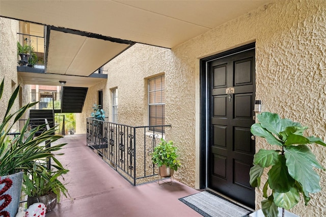 doorway to property featuring stucco siding