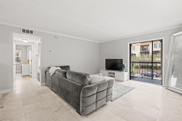 living area featuring ornamental molding, visible vents, baseboards, and light tile patterned flooring