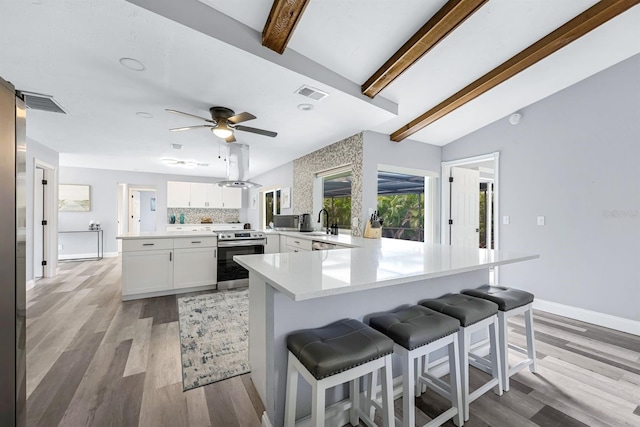 kitchen featuring visible vents, a peninsula, island exhaust hood, and stainless steel range with electric stovetop