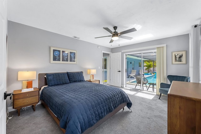 bedroom with a ceiling fan, carpet flooring, visible vents, and access to exterior