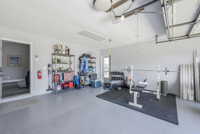 workout room featuring a garage