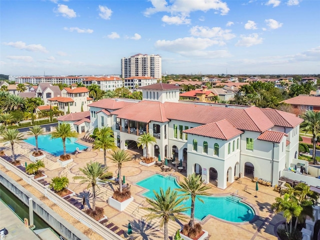 pool with a patio area and a residential view