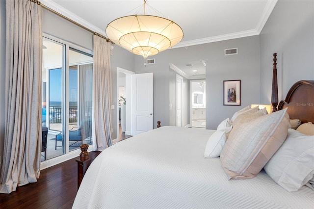 bedroom with access to outside, visible vents, crown molding, and wood finished floors