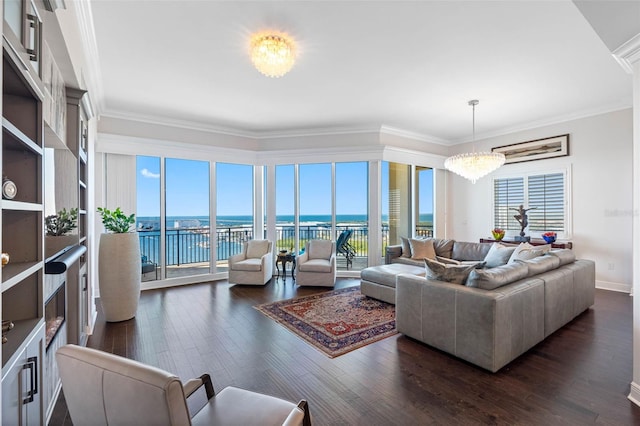 living room with plenty of natural light, dark wood finished floors, and a notable chandelier