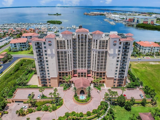 drone / aerial view featuring a water view