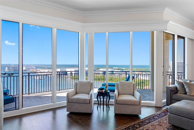 sunroom with a water view