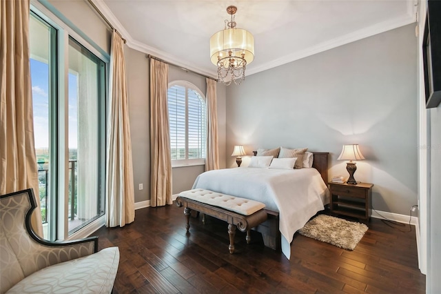 bedroom with ornamental molding, wood-type flooring, and baseboards