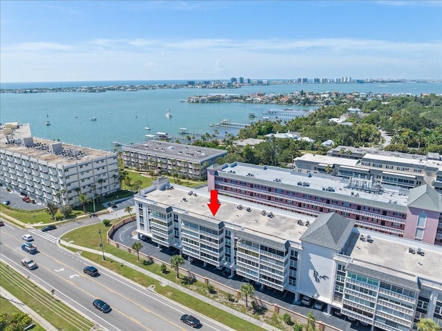 aerial view with a water view and a city view