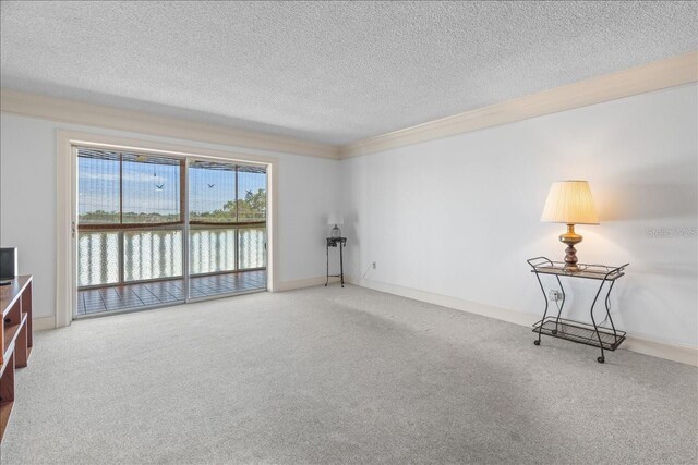 living area featuring carpet floors, a water view, baseboards, and a textured ceiling