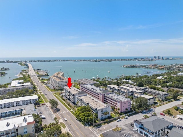 aerial view featuring a water view and a city view