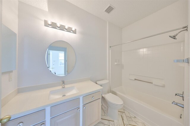 bathroom with shower / tub combination, toilet, vanity, visible vents, and marble finish floor