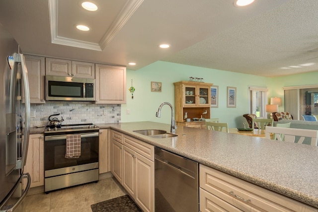 kitchen featuring a sink, ornamental molding, appliances with stainless steel finishes, decorative backsplash, and a tray ceiling