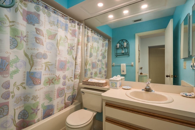 full bath with toilet, recessed lighting, vanity, visible vents, and shower / bath combination with curtain