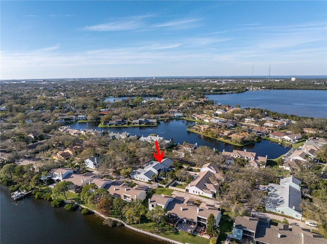 aerial view with a water view and a residential view