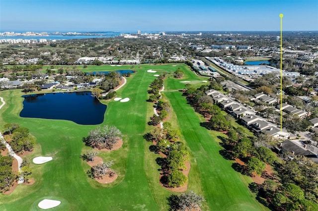 bird's eye view featuring a water view and golf course view