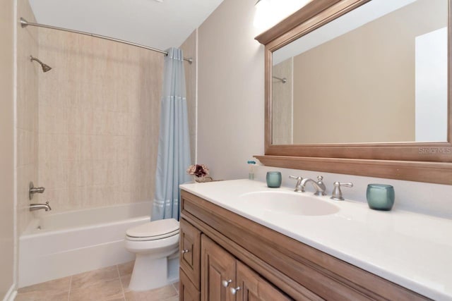 full bath with toilet, vanity, shower / bath combination with curtain, and tile patterned floors