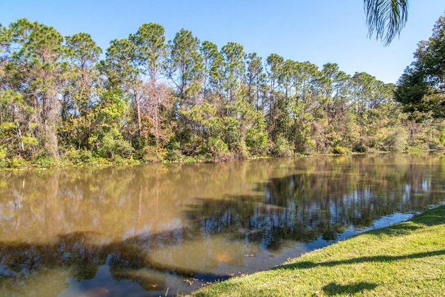 view of water feature with a forest view