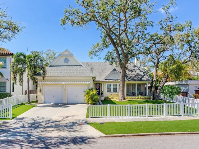 view of front of property with driveway, a fenced front yard, a garage, and a front lawn