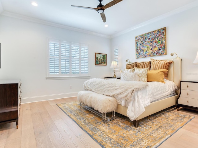 bedroom featuring ornamental molding, recessed lighting, wood finished floors, and baseboards