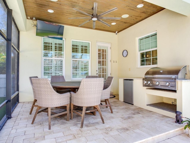 exterior space with wooden ceiling and ceiling fan