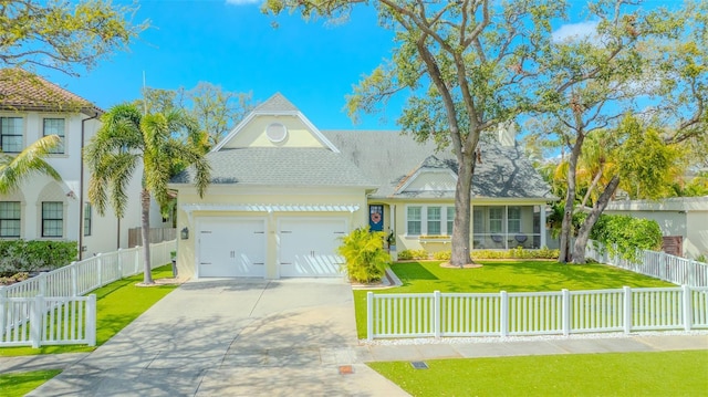 view of front facade featuring an attached garage, a fenced front yard, a front lawn, and concrete driveway