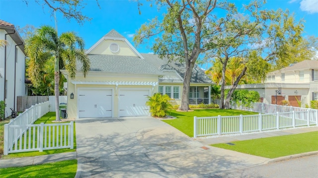 view of front of home with a garage, driveway, a fenced front yard, and a front yard