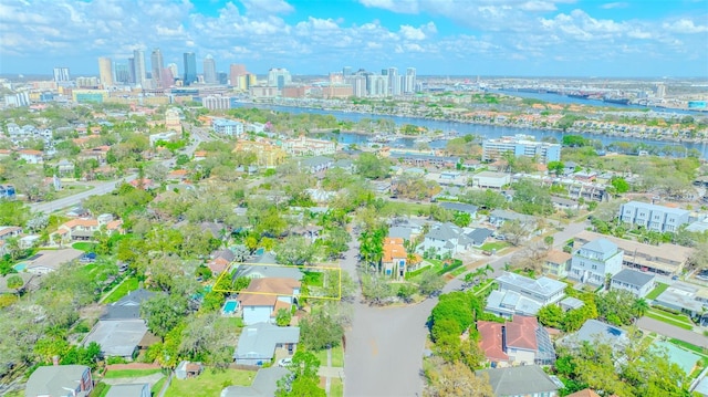 aerial view featuring a water view and a city view