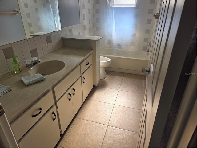 bathroom featuring shower / tub combination, tile patterned flooring, toilet, vanity, and decorative backsplash