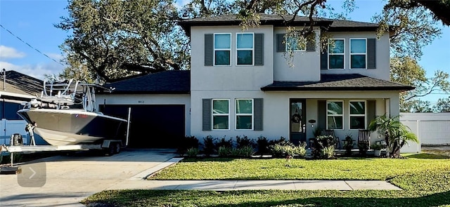 view of front facade featuring driveway, a garage, fence, a front lawn, and stucco siding