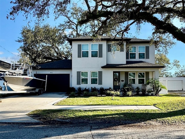 view of front of house featuring driveway, a garage, a front lawn, and stucco siding