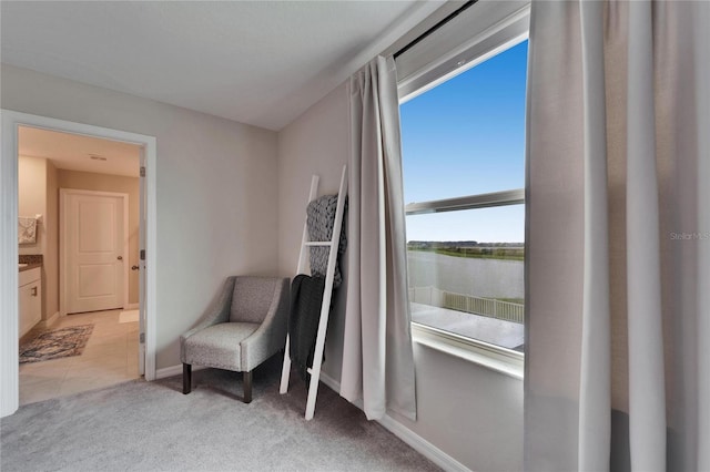 living area with light carpet and baseboards