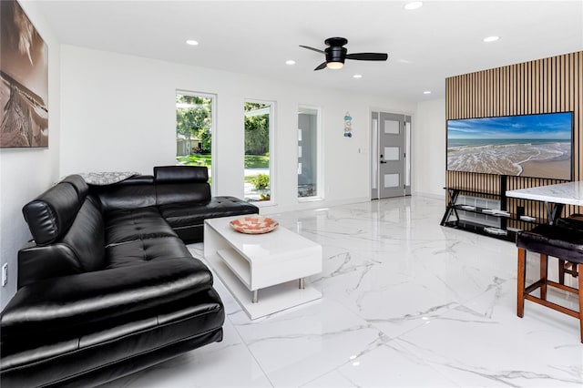 1100 Webb Dr, Clearwater, FL 33755 - living area with recessed lighting, marble tiled floors, and ceiling fan