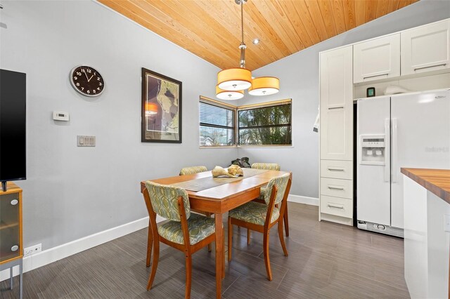 dining area featuring lofted ceiling, wooden ceiling, and baseboards