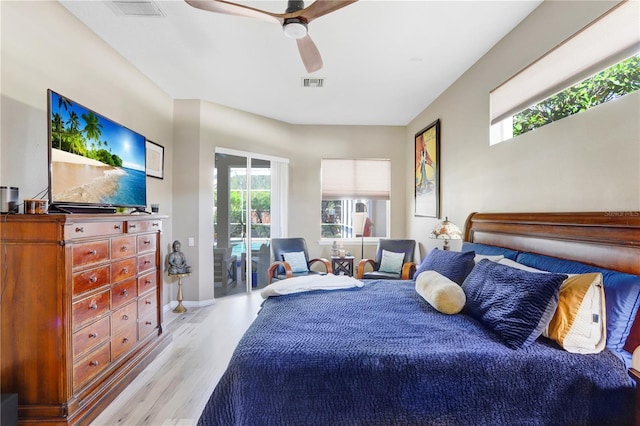 bedroom featuring access to exterior, ceiling fan, visible vents, and light wood-style floors