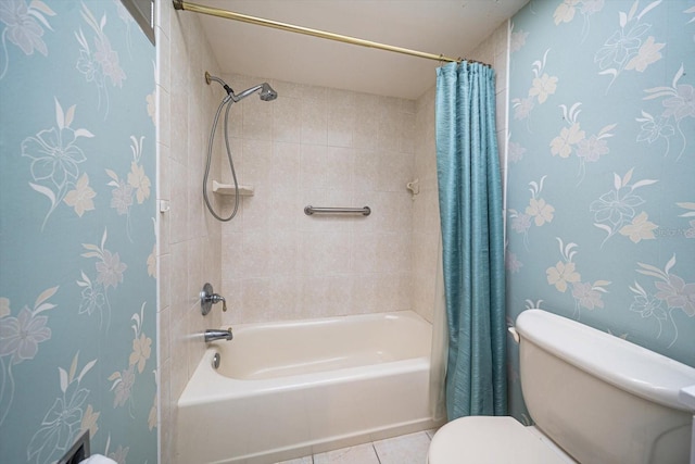 full bathroom with toilet, shower / bath combo, and tile patterned floors