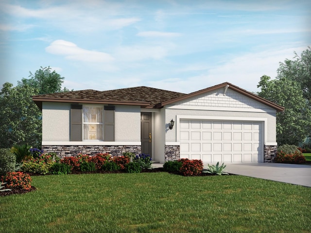 ranch-style house featuring an attached garage, stone siding, driveway, and stucco siding