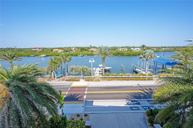 view of water feature with a boat dock