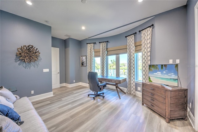 office area featuring baseboards, recessed lighting, and light wood-style floors