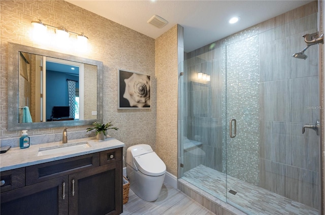 full bath featuring visible vents, a shower stall, toilet, and vanity