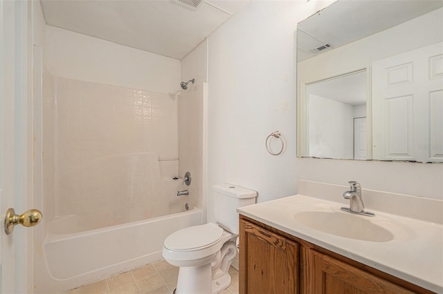 bathroom featuring visible vents, toilet, shower / tub combination, tile patterned flooring, and vanity