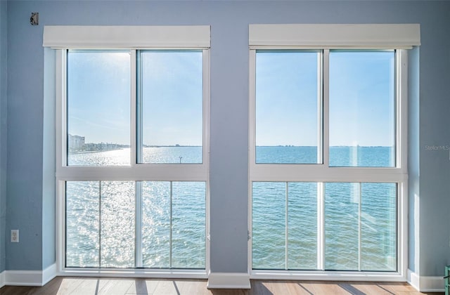 details featuring a water view and baseboards