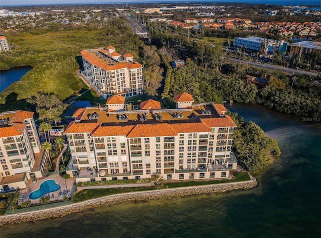 drone / aerial view featuring a water view