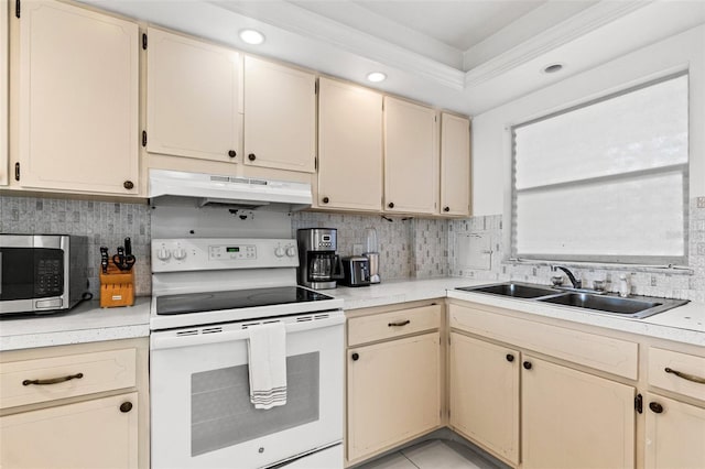 kitchen featuring white electric range oven, light countertops, stainless steel microwave, a sink, and under cabinet range hood