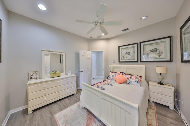 bedroom featuring visible vents, baseboards, ceiling fan, wood finished floors, and recessed lighting