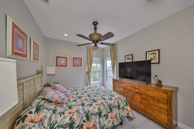 bedroom featuring baseboards, a ceiling fan, and recessed lighting