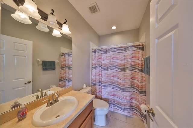 full bathroom with tile patterned flooring, toilet, a shower with shower curtain, vanity, and visible vents