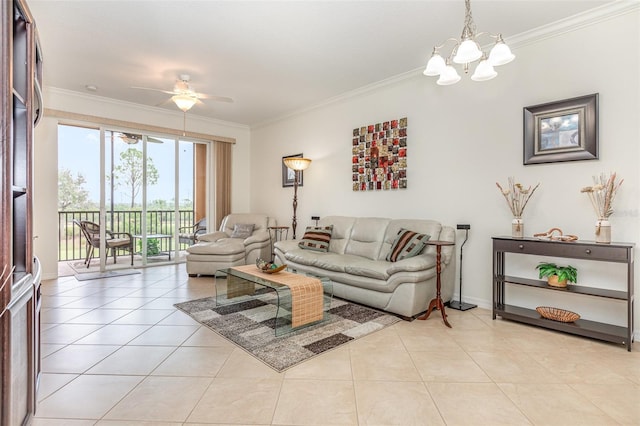 living room featuring ornamental molding, ceiling fan with notable chandelier, baseboards, and light tile patterned floors